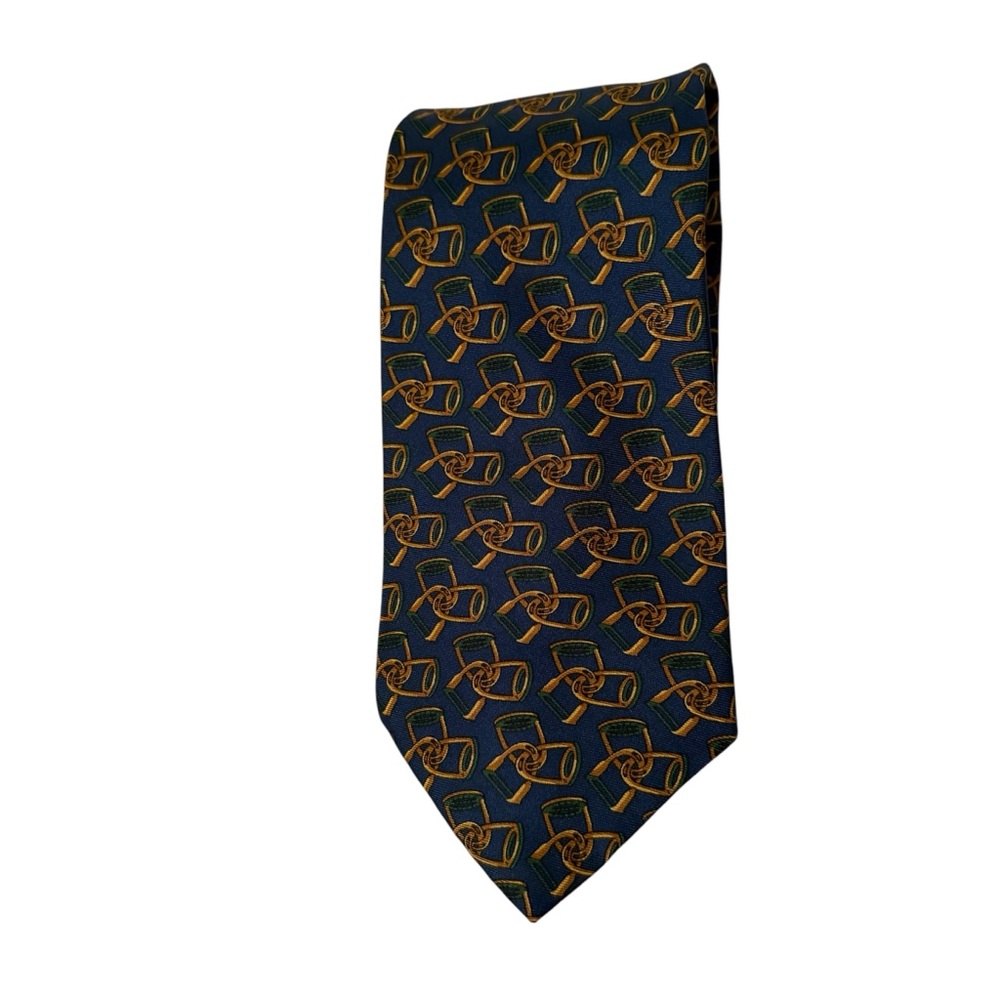 BURBERRY(S) MENS TIE SILK BLUE GOLD GREEN STIRRUP EQUESTRIAN VINTAGE ACCESSORY